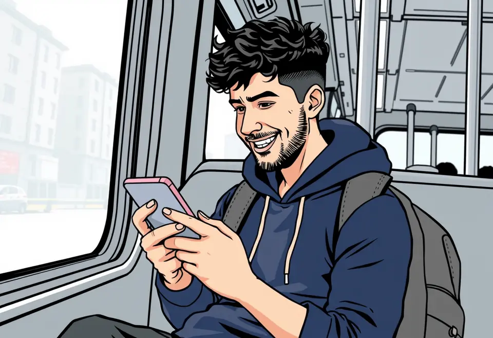 גבר צעיר עם זקן קצר, קפוצ׳ון כחול ותיק גב יושב באוטובוס ליד החלון ומחייך בהתרגשות אל הטלפון.