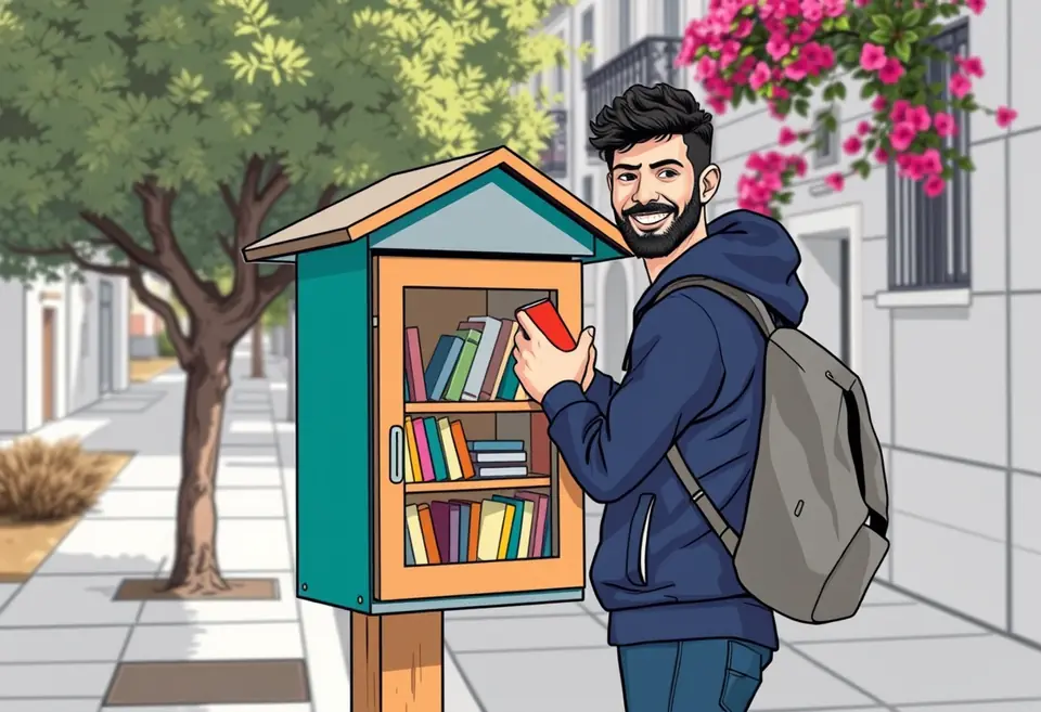 יוני מניח ספר אדום על המדף בארון ומחייך.